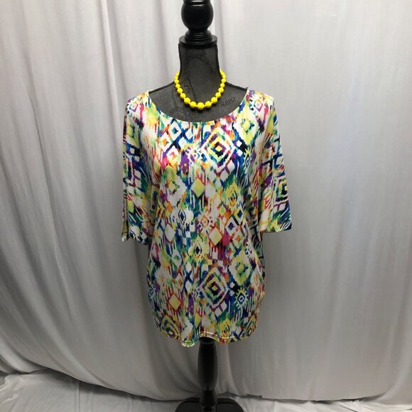 Erin London Womens Multicolor Abstract Print Top Sz Large Stretchy Short Sleeve - Picture 1 of 10